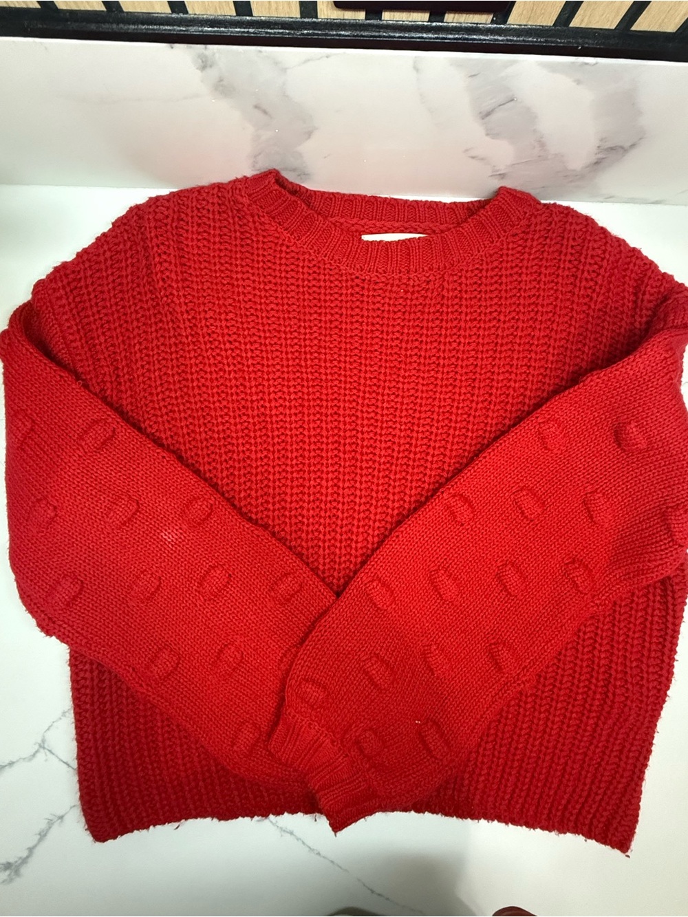 Jessica Simpson Red Textured Crewneck Sweater with Bobble Sleeves